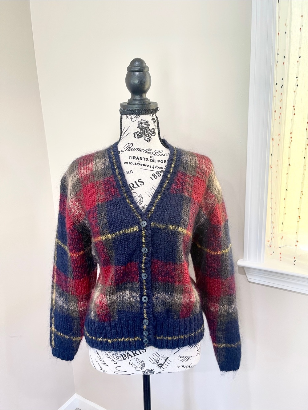 Vintage Mohair Wool Plaid Knit Cardigan - Picture 1 of 8